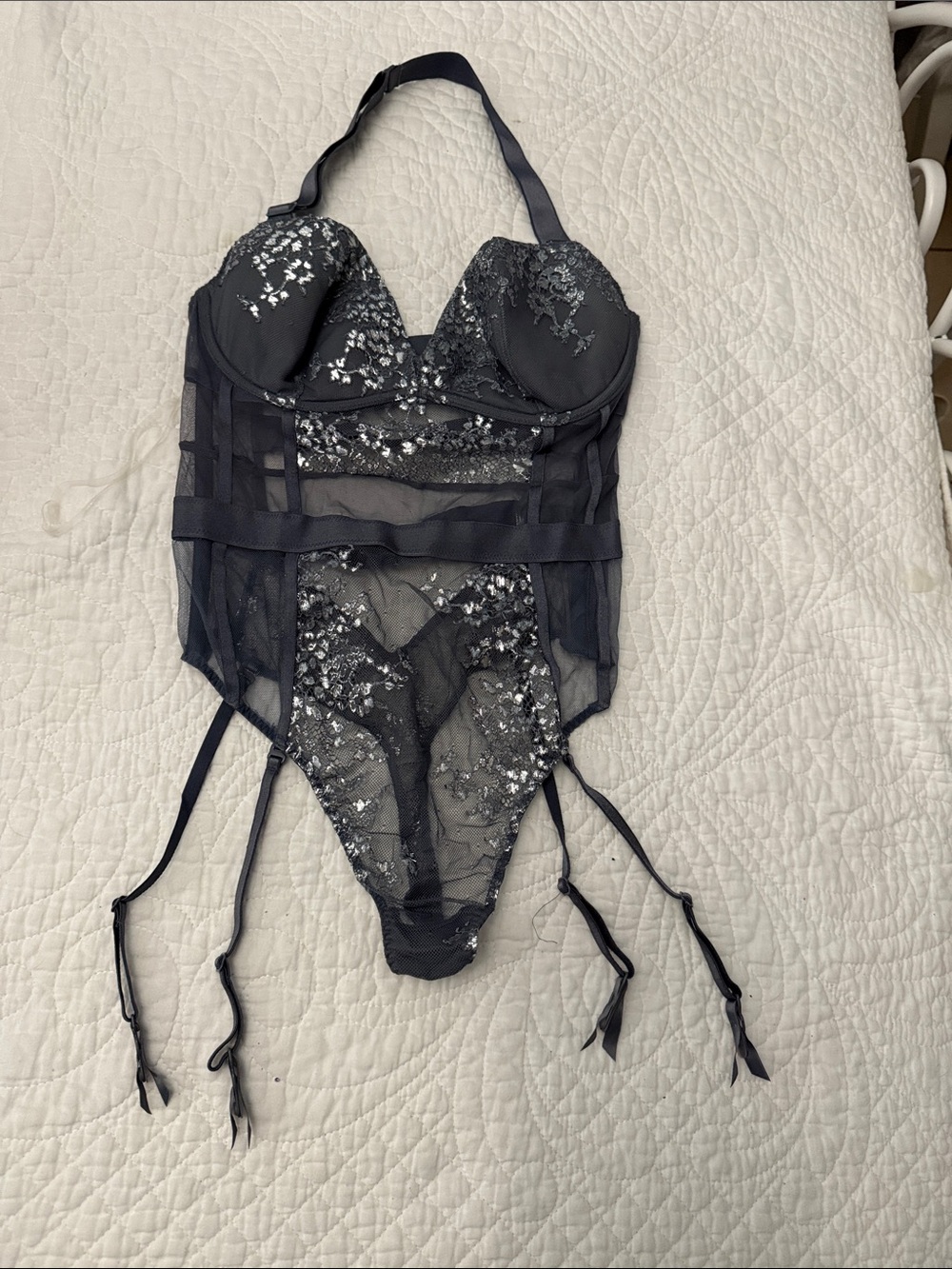 Victoria's Secret Black Sheer Embroidered Lace Bodysuit with Garter Straps
